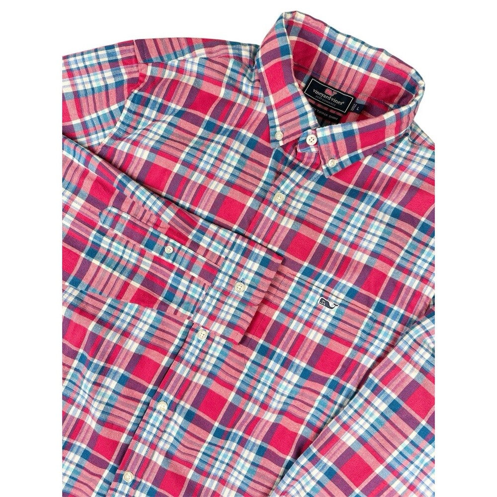 Vineyard Vines Performance Tucker Button Down Shirt Mens L Slim Fit Pink Plaid